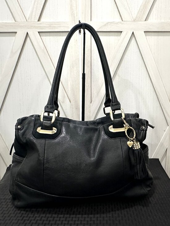 b. makowsky Handbags - B. Makowsky Y2K Black Pebbled Leather Satchel Shoulder Bag Leopard Lining